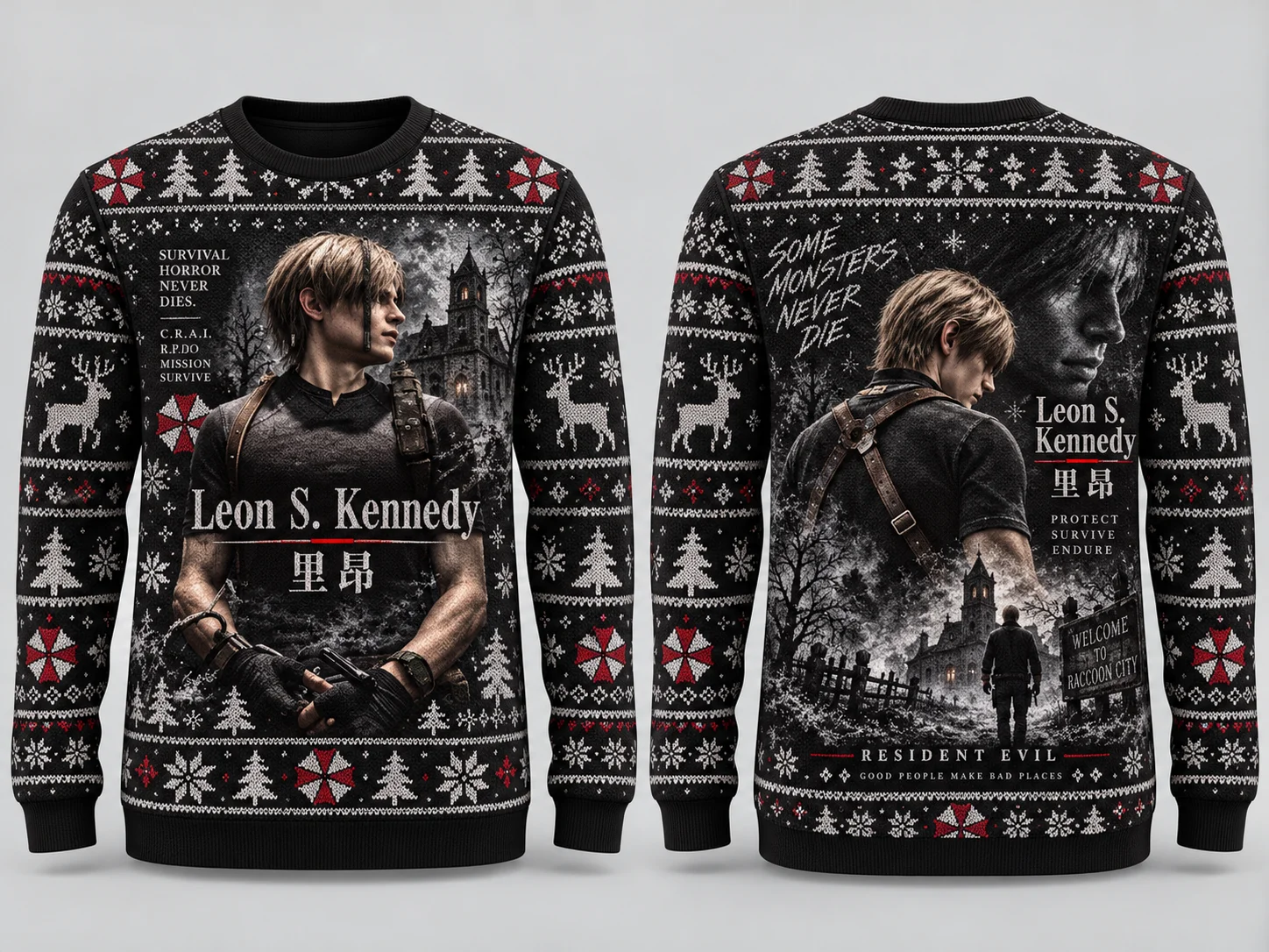 Unisex Leon S. Kennedy Resident Evil Ugly Christmas Sweater, Raccoon City Biohazard 3D Print Xmas Holiday Pullover Sweatshirt