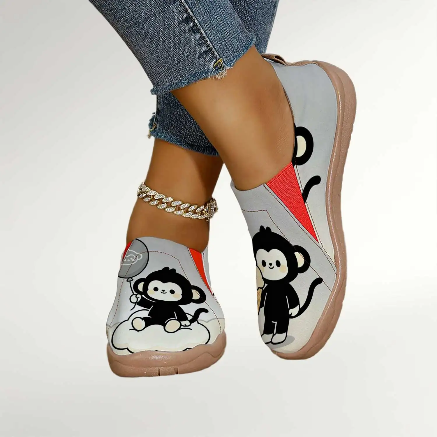 

Women's Cute Monkey Print Slip-On Shoes, Wide Toe Box Comfortable Walking Flats, Lightweight Breathable Canvas Loafers
