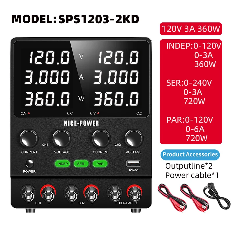 KUAIQU Dual Channel DC instelbare laboratoriumvoeding met OCP/OVP, negatieve spanningsuitgang, serie/parallel uitgang, draagbaar ontwerp