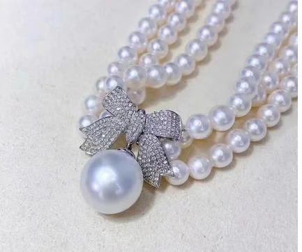 real White 7-8MM jewelry Freshwate rpearl DIY jewelry accessories 925 silver plated bow three row buckle pearl necklace sweater