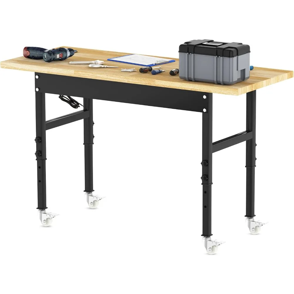 60” Heavy-Duty Solid Wood Work Bench Work Table with Wheels, Adjustable Height Portable Workbench with Power Outlets