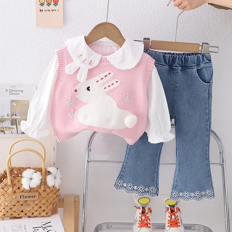 Spring Baby Girls Clothing Sets Children Knitted Vest Shirt Floral Jeans Infant Princess Clothes Cartoon Rabbit Kids Outfits