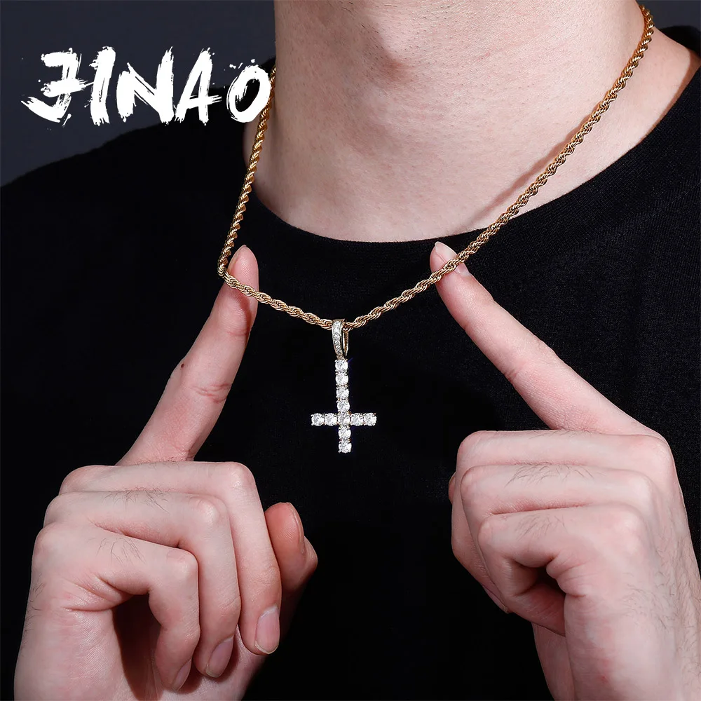 JINAO New Upside Down CROSS Pendant PINK Black Iced Out Cubic Zirconia Men's Necklace Hip Hop Fashion Jewelry For Gift