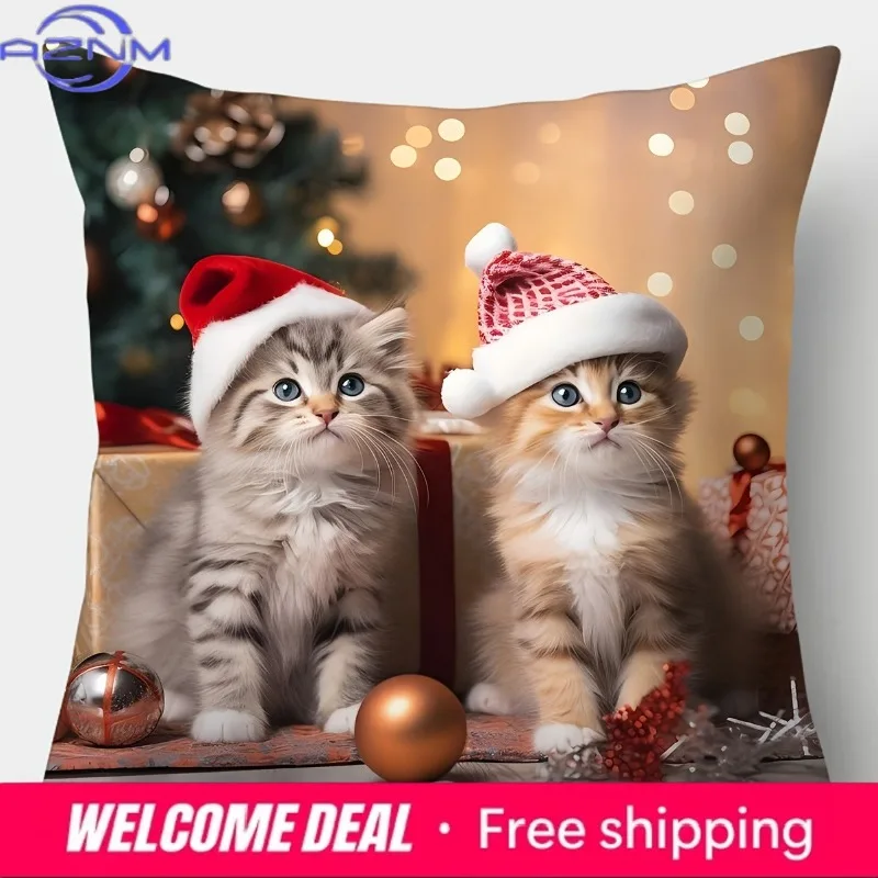 Christmas Santa Hat Kittens Pillow Cover, Festive Home Decor Pillowcase one-side printed 1PC