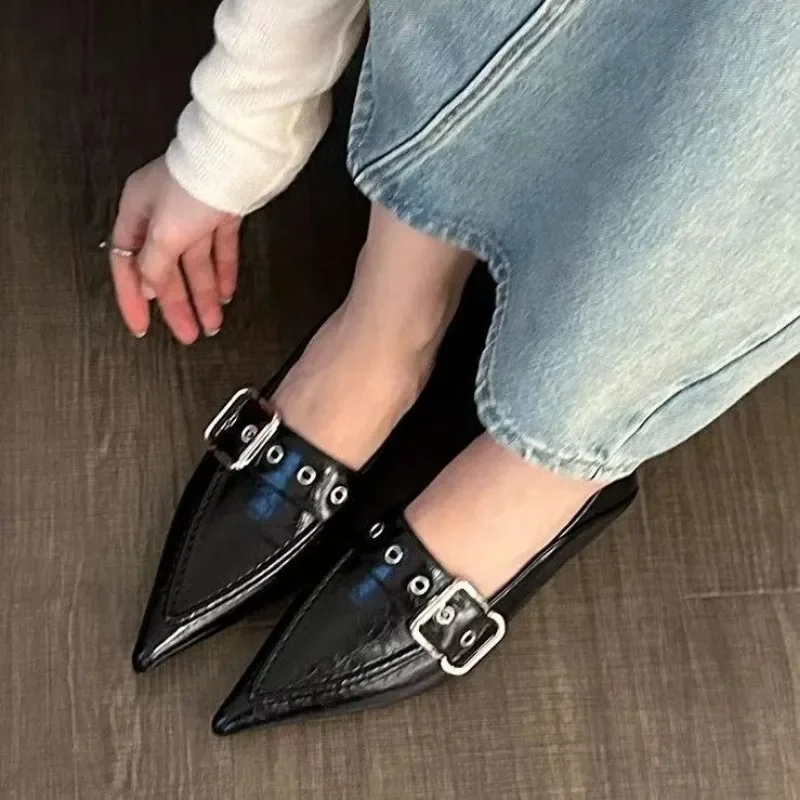 

Женские туфли с французским острым носком, весна-осень 2021, маленькие кожаные туфли на низком каблуке с квадратной пряжкой, лоферы