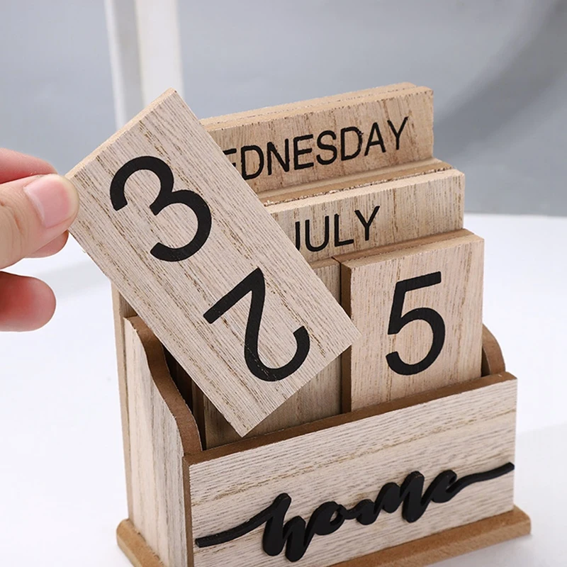 Perpetual Calendar Wooden Vintage Wood Block Calendar For Home Office Desk Decorate Ornaments Week Month Date Display