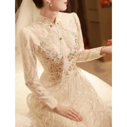 Chinese Style Wedding Bride Toasting Attire Dress Exquisite Peacock Sequins Cheongsams Women Improved Qipao Mermaid Vestidos