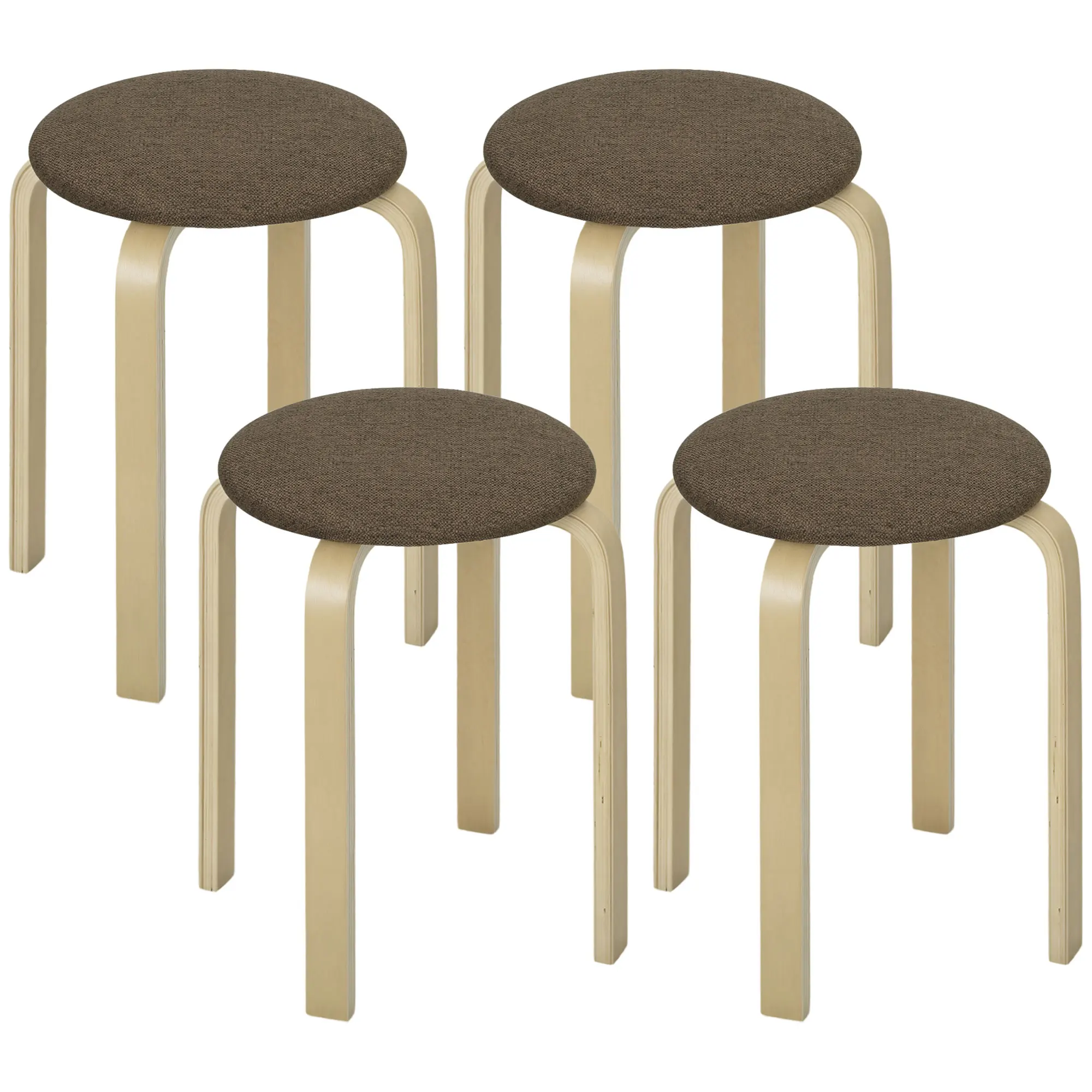 HOMCOM Juego de 4 Taburetes Apilables Redondos Taburetes Bajo de Cocina de Madera con Asiento Acolchado para Comedor Dormitorio