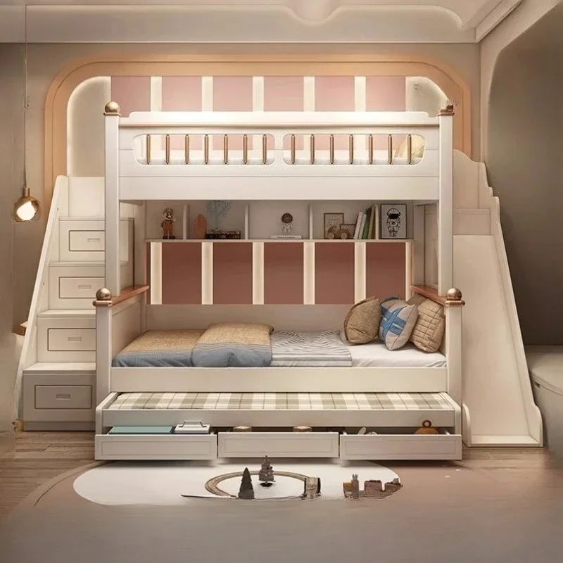 135x190cm Wood Mattress Bunk Bed with Slide Ladder King Size Frame 3 Drawers Storage Kids Loft Bed Queen Bed 2 People Furniture