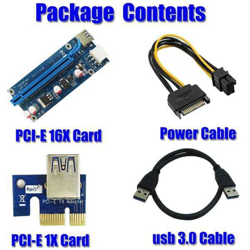 6 Pack PCI-E PCI Express Riser Card 1X To 16X Sata To 6Pin Molex USB3.0 Cable Power Extender For Bitcoin Mining Miner