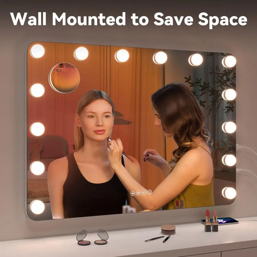 مرآة مكياج LED مع مكبر صوت بلوتوث، مرآة مكياج 28 × 20 مع أضواء وتكبير، مرآة هوليوود مع 3 ألوان