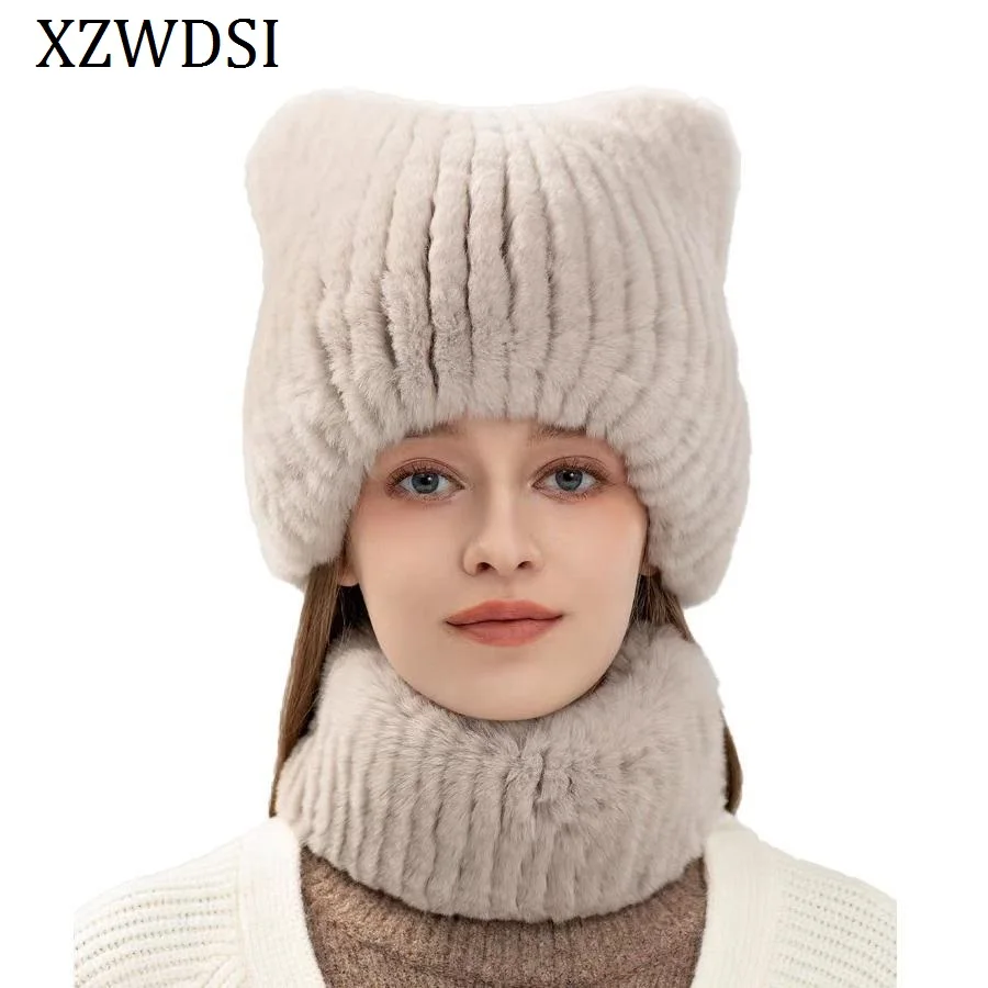 Knitting Lined Thick and Warm Women's Furry Beanie Hat Scarves Sets Genuine Rex Rabbit Fur Hat Scarf Set
