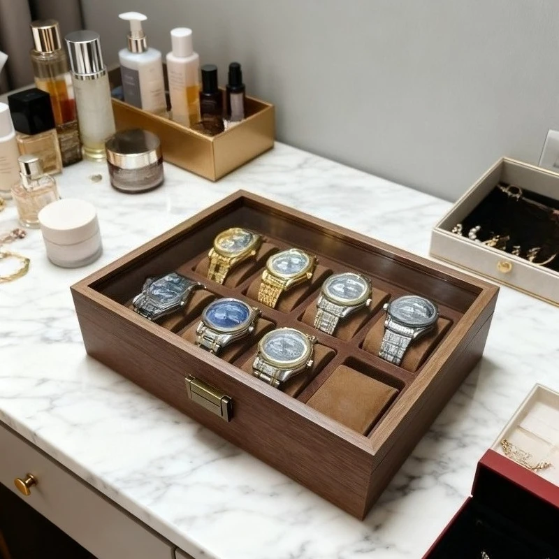 Vintage High-End Transparent Showcase Composite Watch Display Box, Brown Velvet Interior, High-End Watch Storage Packaging