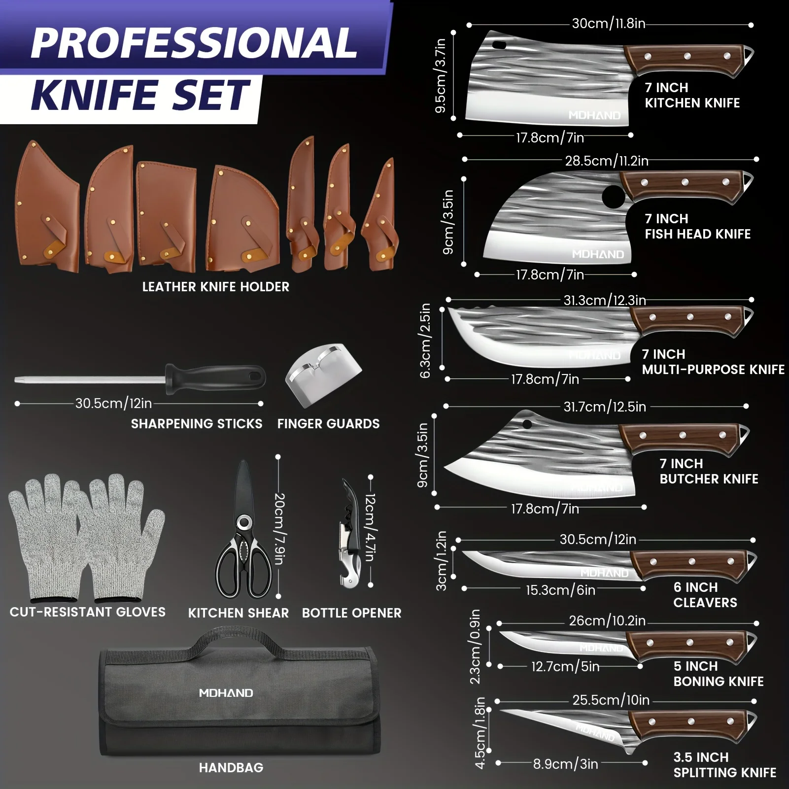 

KEPEAK 14pcs Butcher Chef Knife Set with Roll Bag Knives for Meat Fruit Vegetable Cleaver Boning Utility Splitting Chopping