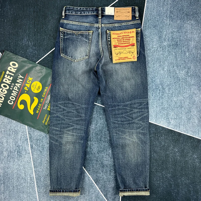 14oz Blue Selvedge Denim Jeans for Men Heavyweight Washed 100% Cotton Pants Male Fashion Vintage Slim Fit Trousers High Quality