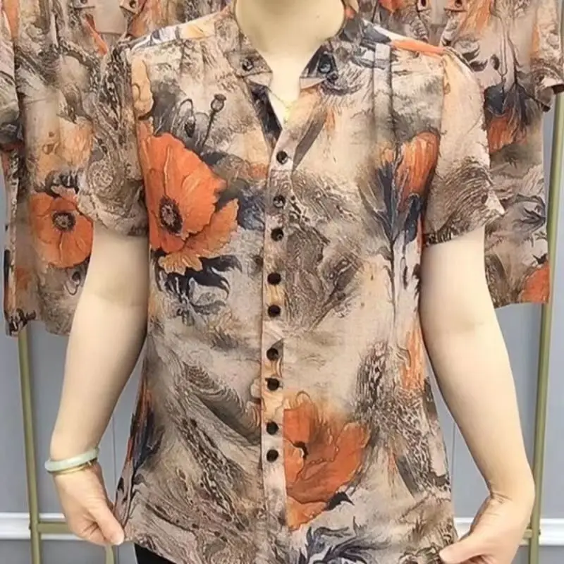 2023 Vintage Geometric Printed Blouse Floral Summer Thin Stylish Single-breasted Round Neck Female Clothing Loose Casual Shirt