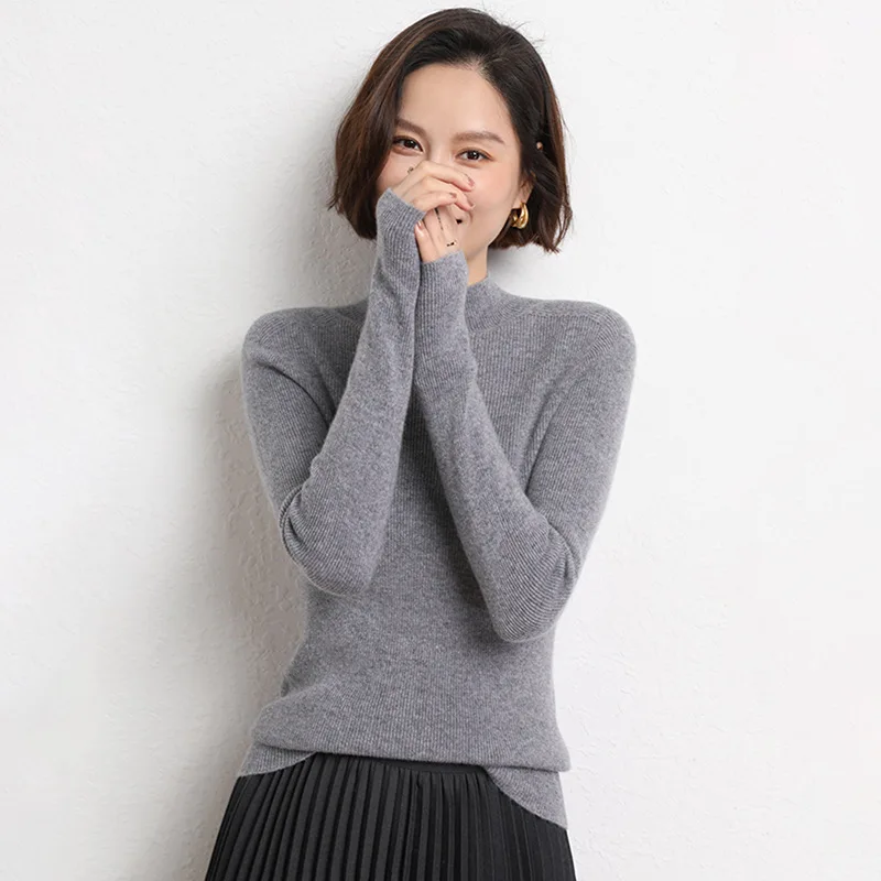 Autumn Winter Women Pullover Half High Collar Sweater Casual Long Sleeve Knitted Sweater Elastic Slim Korean Simple Basic Jumper