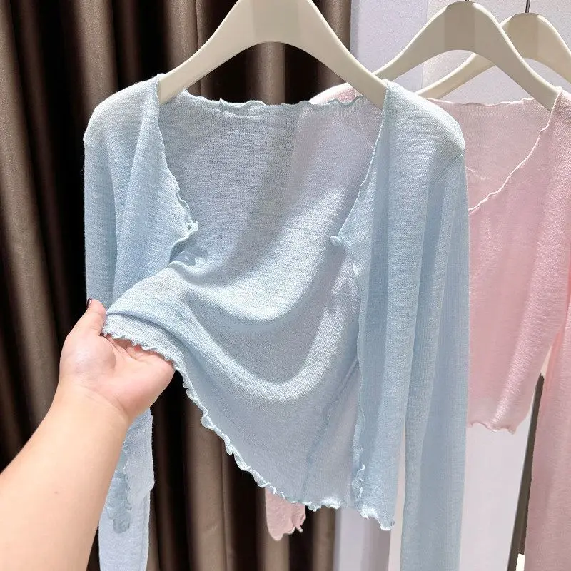 

Sun Protection Ice Silk Women's Cardigan Summer New Style One Button Wood Grain Cover up Dress Outerwear Short Coat