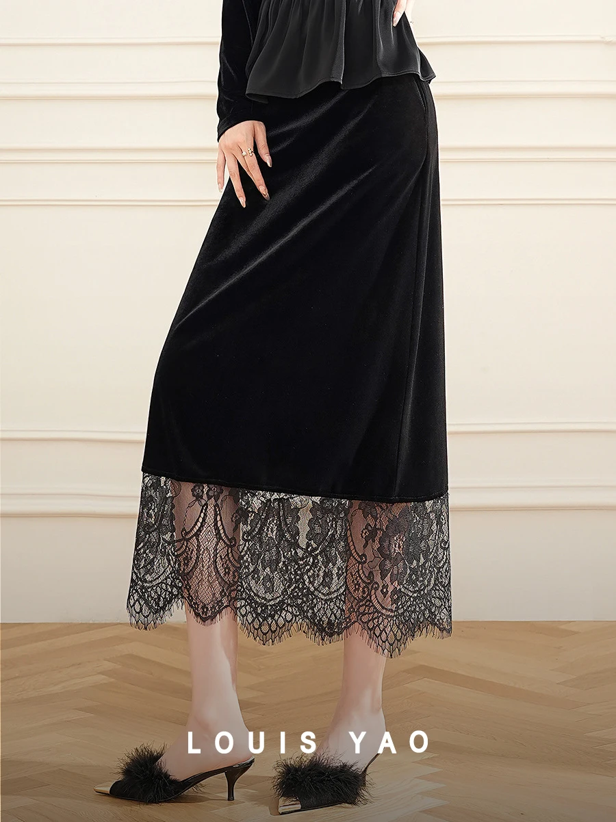 

LOUIS YAO Women Skirt Elegant High-Waisted Lace Patchwork Long Skirt Fashionable Straight with Elastic Waistband Women's Skirts