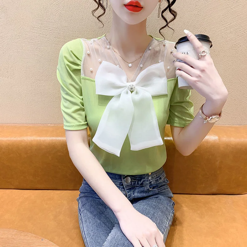 Sweet V-Neck Bow Spliced Gauze Beading Loose Shirt 2022 Summer New Chic Tops Oversized Elegant Female Clothing Commute Blouse