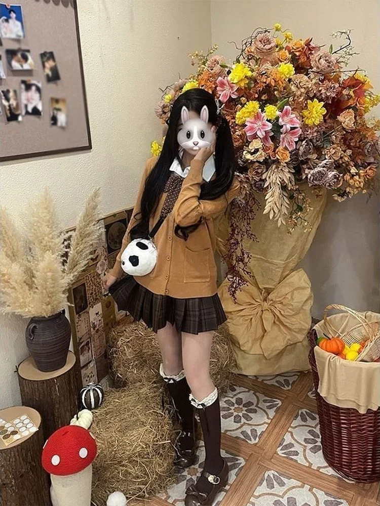 

Карамельный вязаный кардиган в клетку в стиле JK, женский осенне-зимний японский оригинальный комплект в стиле колледж-мода