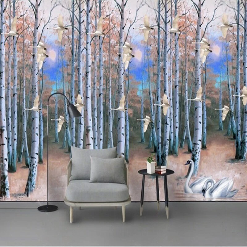 

Modern Hand-Painted Oil Painting Forest White Birch Forest Swan Oil Painting TV Living Room Decorative Items Background Wall