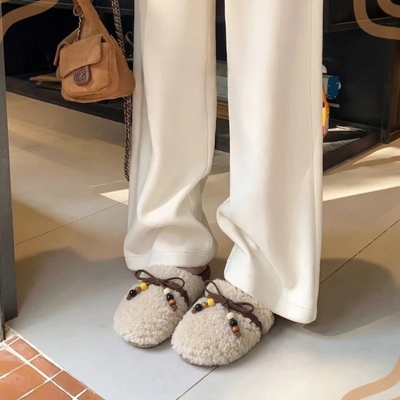 Winter New Women's Shoes Retro Plush Round Toe Slippers for Woman Exquisite Vacation Casual Shoe Designer Shoes Zapatos De Mujer