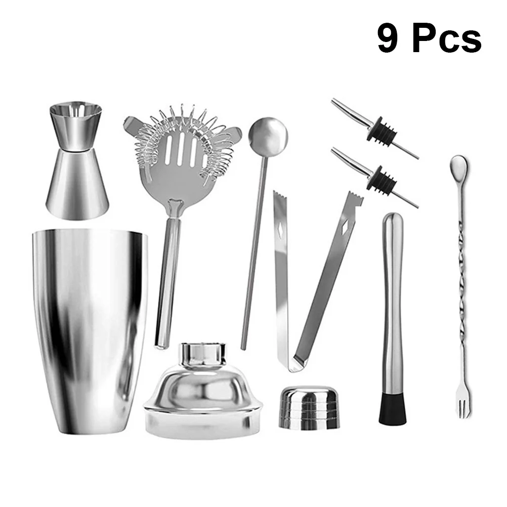 

9 Pcs Martini Shaker Bartender Set Cocktail Mixer Household Round Silver Beverages