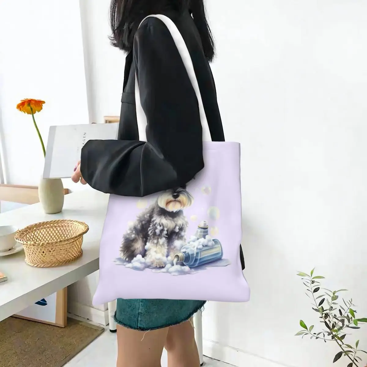 Miniature Schnauzer Bath With Bubbles Shopping Bags Canvas The Tote Bag Foldable for Girls Shoulder Tote Travel Handbag