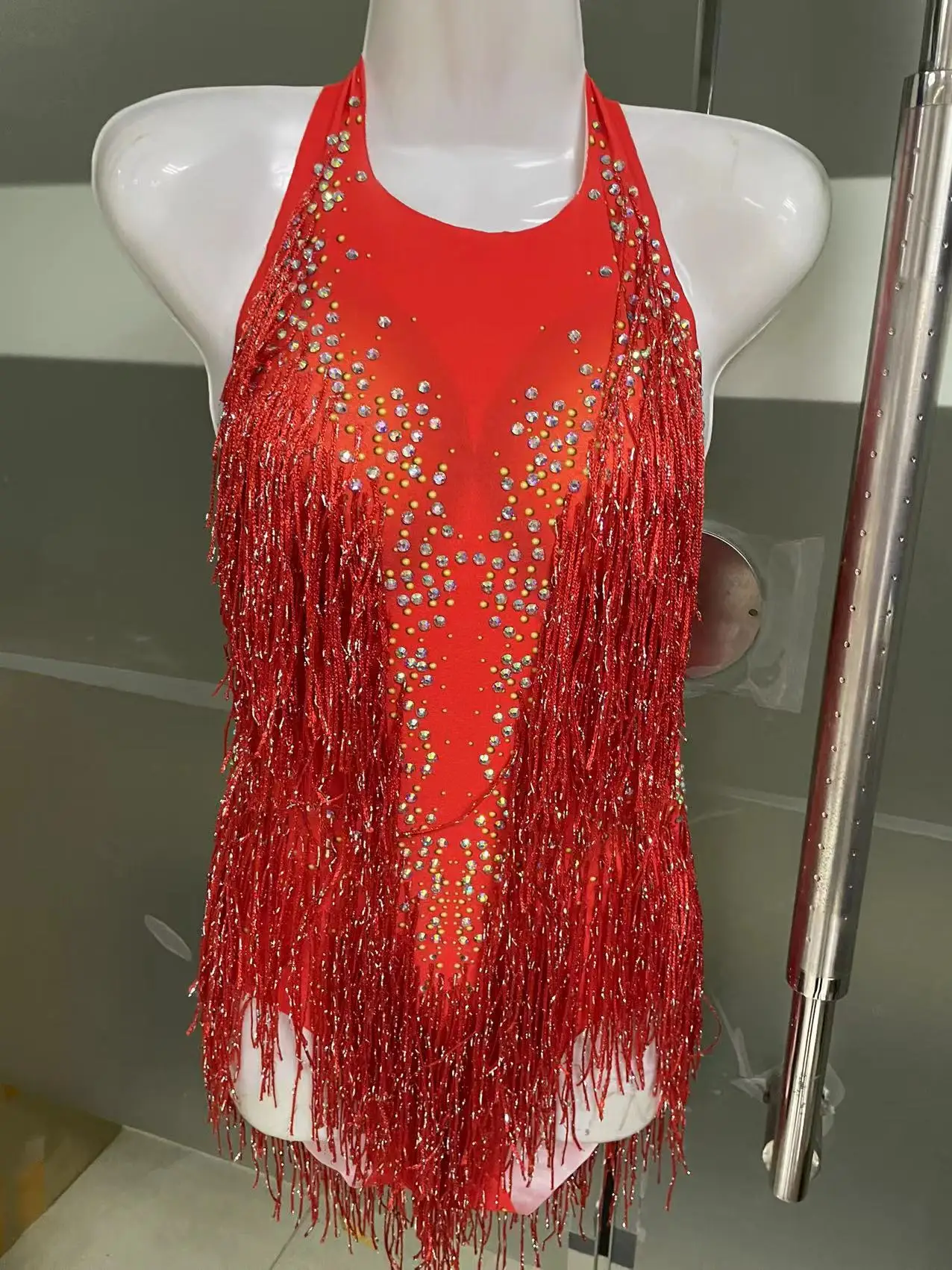 Fato sexy de strass brilhante para mulheres, borla vermelha, roupas de palco, traje de performance da cantora feminina, dança veste, barra de festa, novo