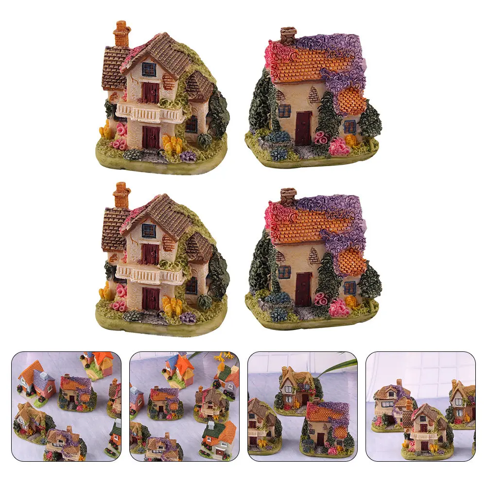 4Pcs Mini House Ornament Resin Crafts Vivid Unique House-Shaped Design Micro Landscape Adornment Miniature House