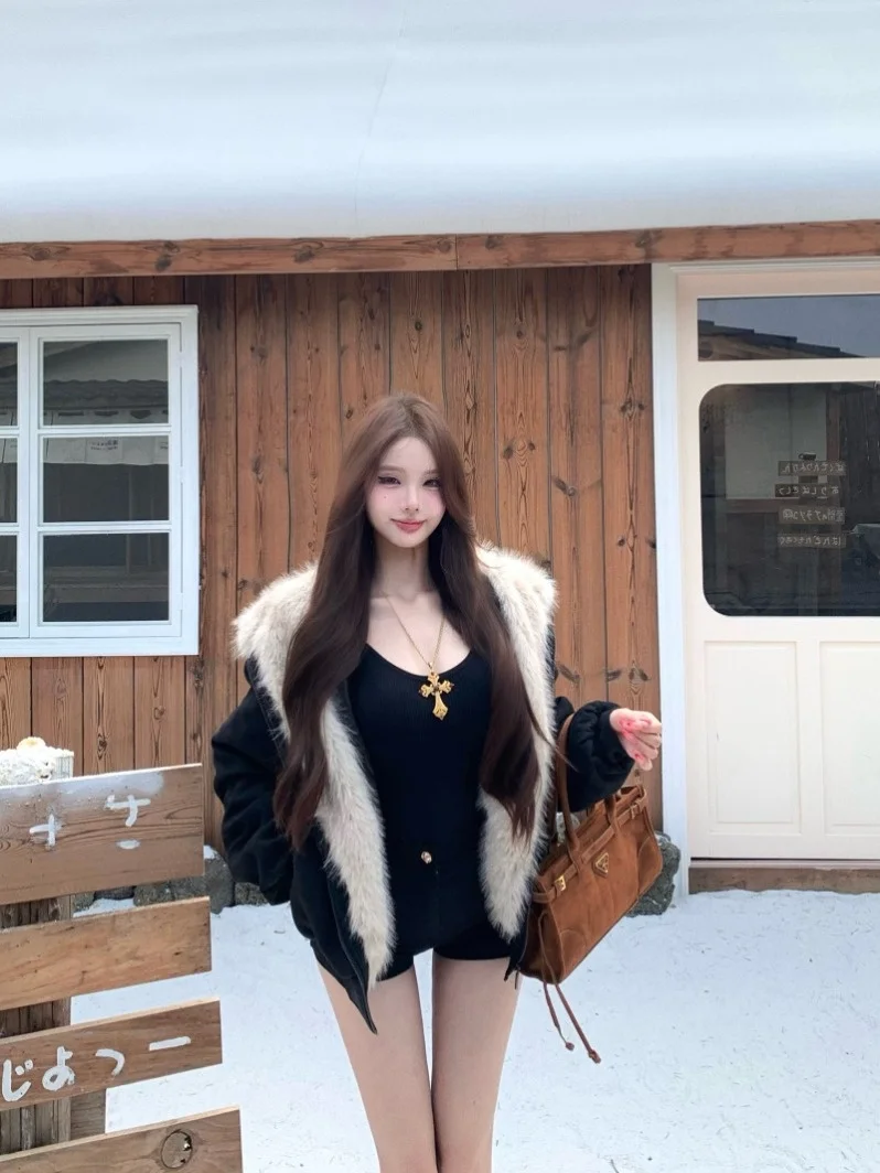 

Женская весенняя теплая повседневная хлопковая куртка Choco Girl Design Sense Plu Splice с капюшоном и флисовой подкладкой, антивозрастная