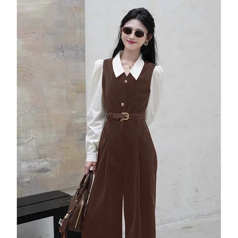 Nuova moda coreana autunno tuta da donna finta in due pezzi elegante vita sottile bavero manica lunga pantaloni dritti tute eleganti