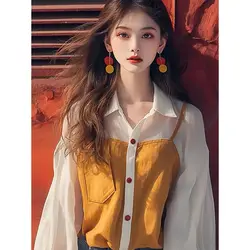 Long Sleeved Shirt Women's New Style Temperament Small Shirt Fashionable and Stylish Unique and Fake Two Piece Top