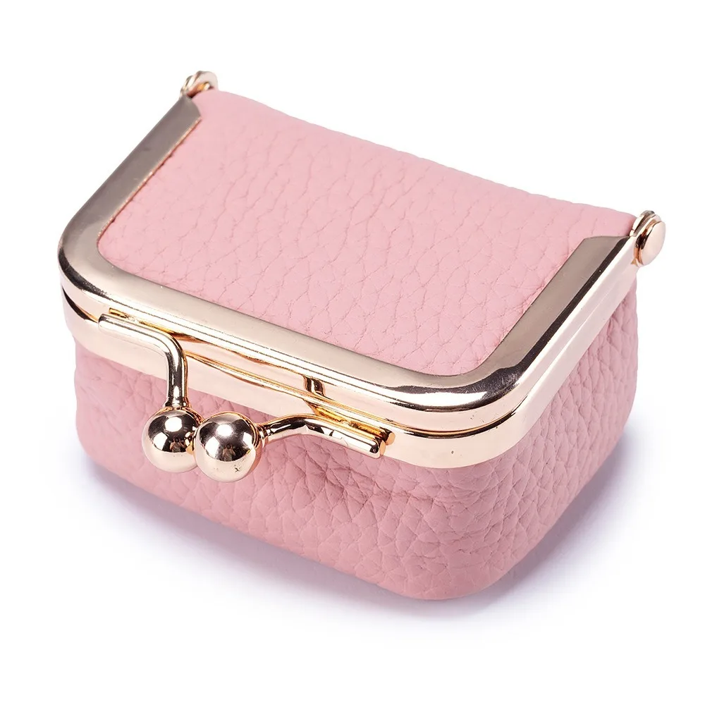 

Vintage Solid Color Small Wallets Kiss Lock Genuine Leather Storage Bag Mini Change Pouch