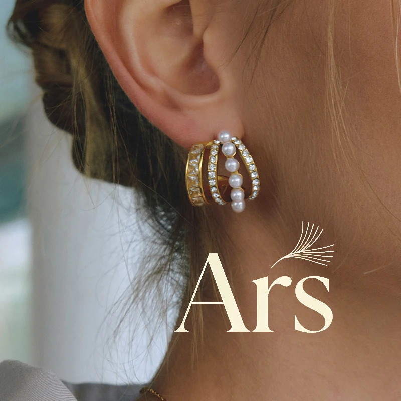 Ars Mehrschichtige C-förmige Ohrringe 18k Vergoldeter Edelstahl Halbkreis-Ohrstecker Perlenohrringe Zirkon-Ohrringe für Frauen