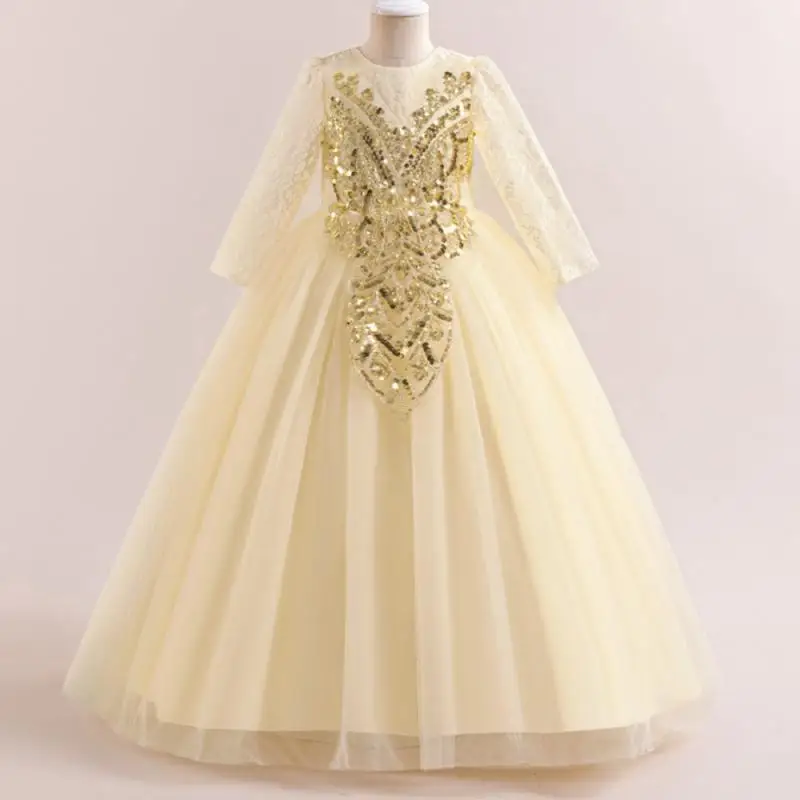 

Girls' New Long Sleeved Sequin Sticker Mesh Long Puff Dress Wedding Flower Girl Piano Competition Performance Dress