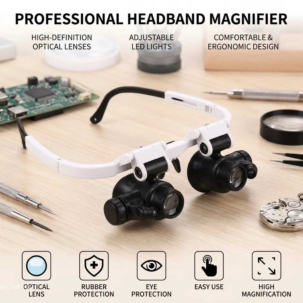 Adjustable LED Light Head-Mounted Magnifying Glass 8X 15X 23X Jewelry Loupe for Welding Soldering - Hands-Free Magnifier with Ca