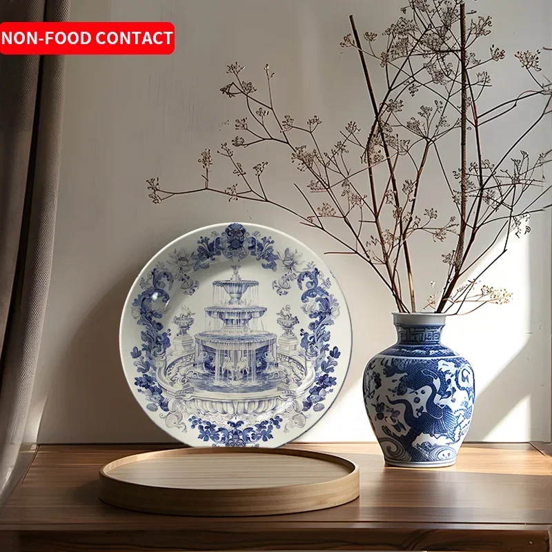 1pc European-Style Ceramic Decorative Plate with Fountain Floral Embossed Pattern, Non-Food Contact Home Dining Table Wall Art