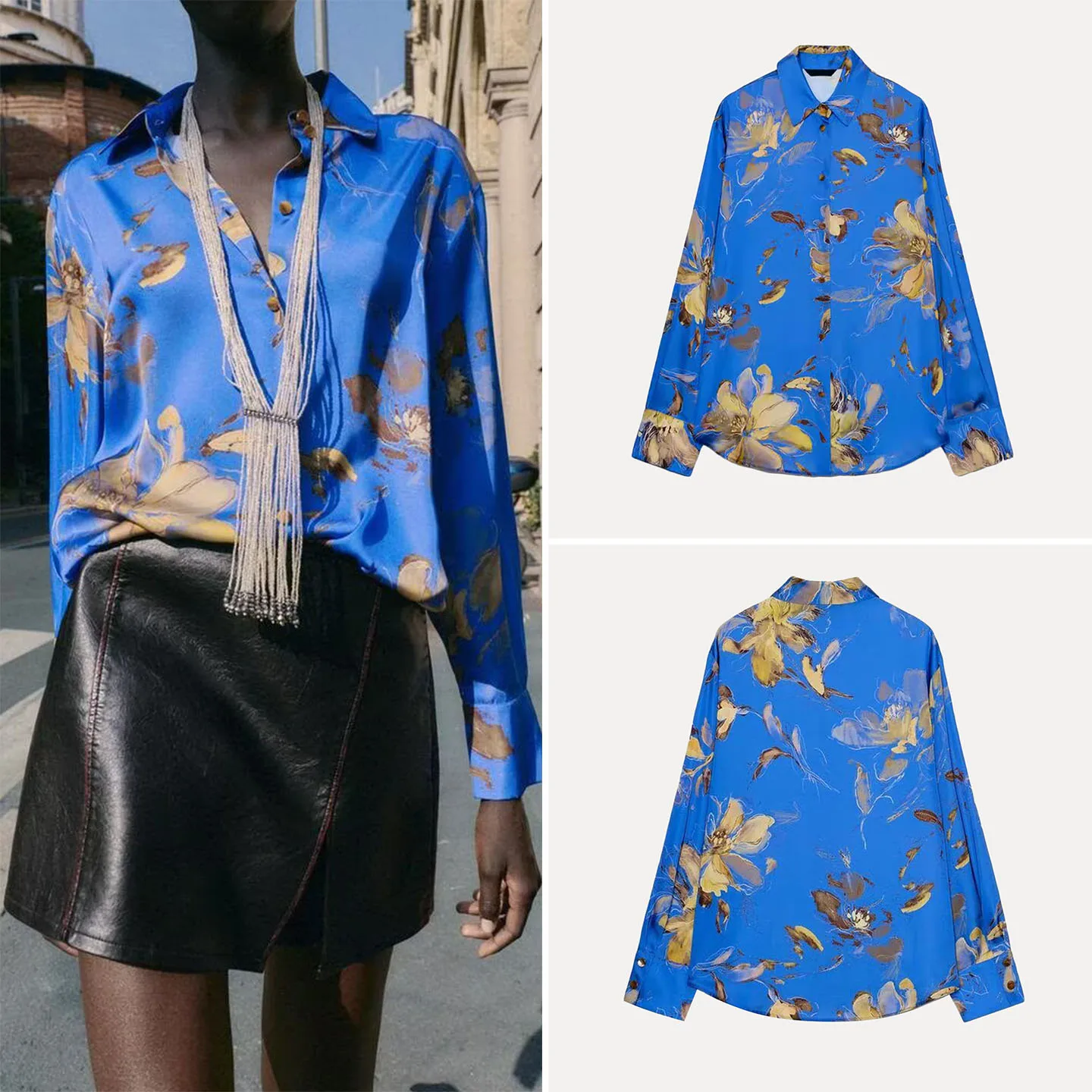 

Z Женская шелковая атласная блузка с цветочным принтом Aosphere Quali Faionable, весенне-осенняя длинная блузка с отложным воротником Sve