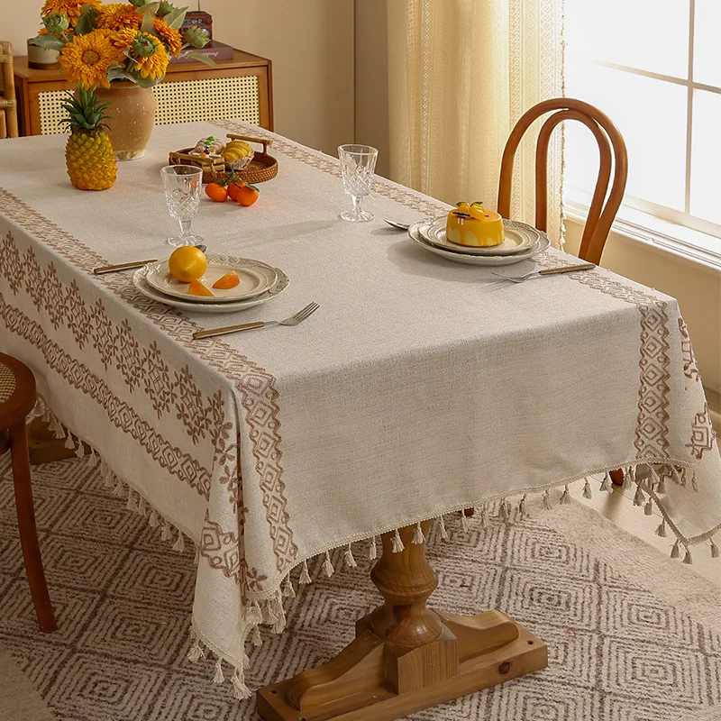 Thickened Linen Embroidered Tablecloth High-End Dust-Proof Coffee Table Mat with Tassels Simple Wear-Resistant Decorative Cloth