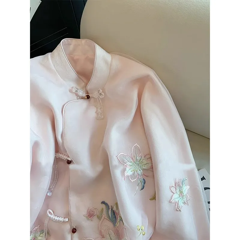 Chinesischen Stil frauen Blusen Stickerei Vintage Tops Mode Lose Sommer Kleidung Lange Ärmeln Chiffon frauen Shirts