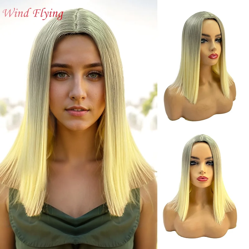 Angin terbang Eropa Amerika Serikat Wig wanita serat kimia panjang Medium rambut lurus Wig penutup kepala pirang elegan