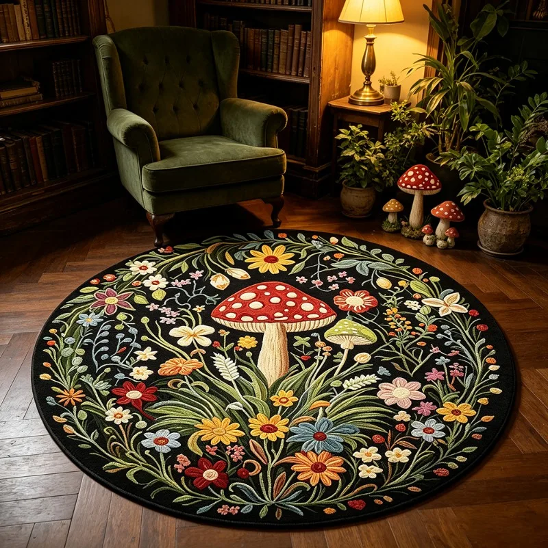 Vintage Forest Mushroom & Floral Round Rug American Countryside Floral Plant Mat Home Decor Plush Carpet for Living Room Bedroom