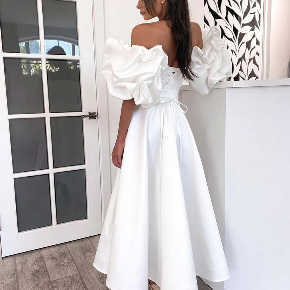A-line Solid Color Bride Gown Boat Neck High Slit Simple Wedding Dresses Backless Ankle-Length Customize To Measures Stunming