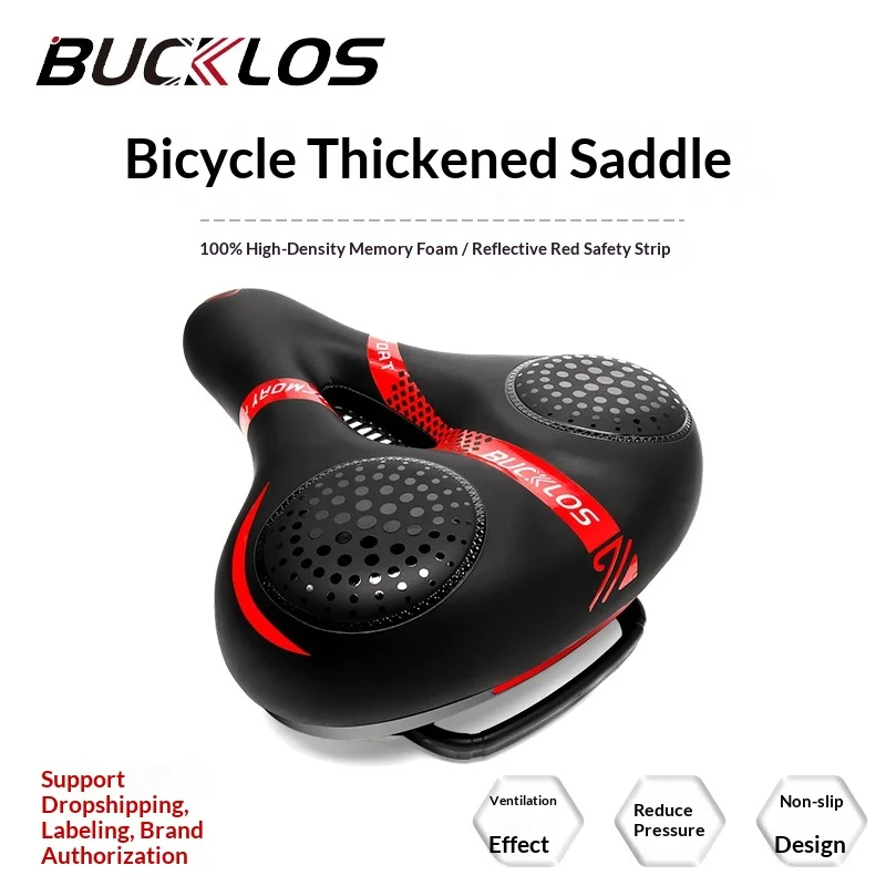 

Bucklos Bicycle Saddle Shockproof Comfortable Wide Thick Ventilated Memory Foam Non Slip Reflective Strip Mountain Bike Saddle