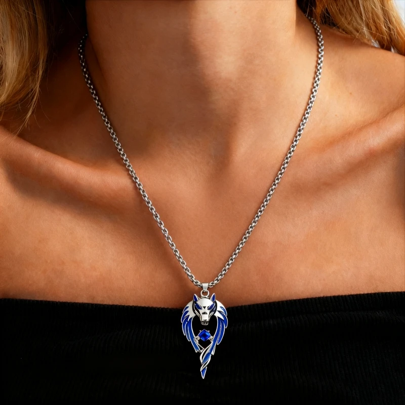 

Blue Wolf Pendants Exaggerated Chain Neckalces for Women&Men Unisex Punk Style Personality Animal Drop Unique Design Neck Jewelr