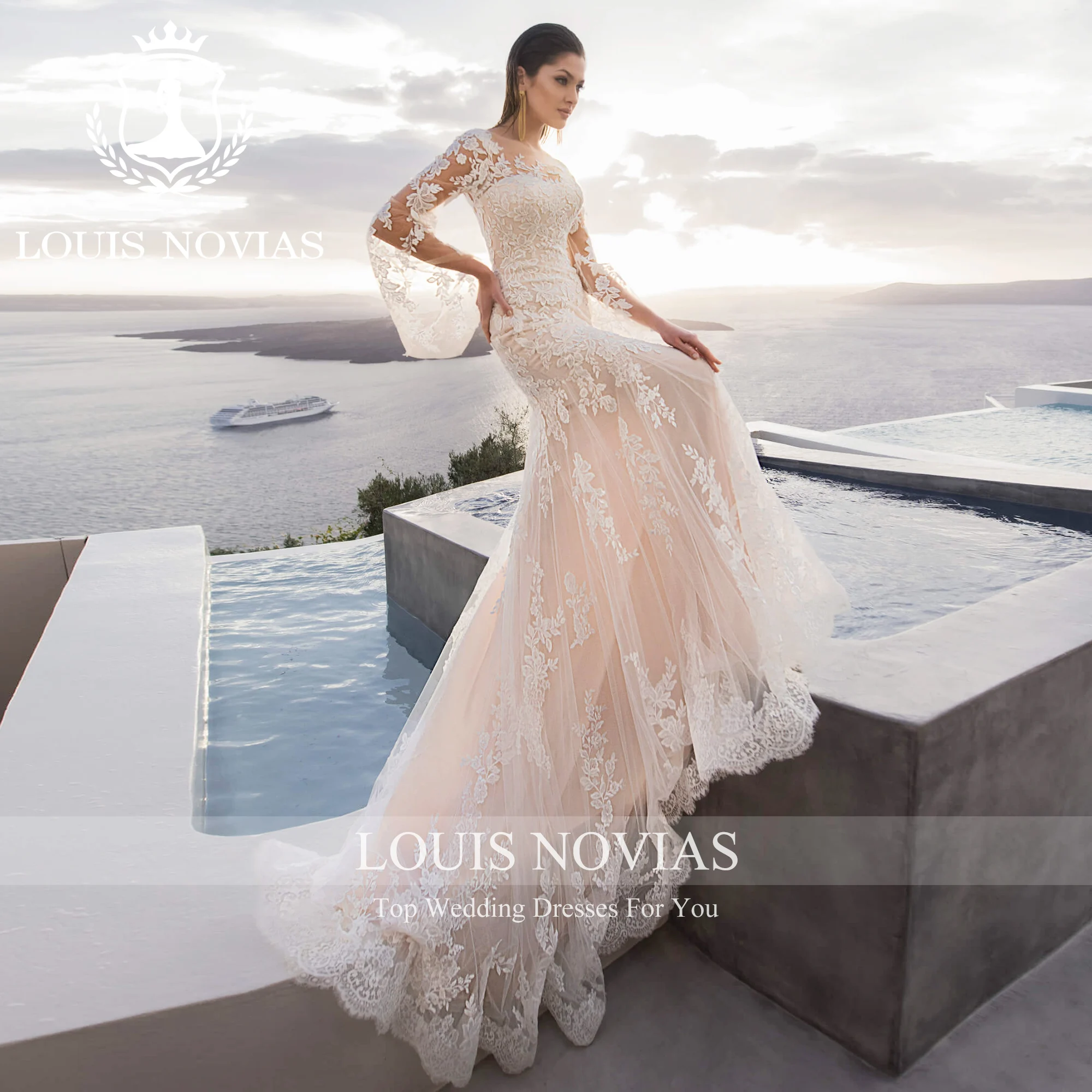 Louis novias-花嫁のためのフレアスリーブのウェディングドレス、花嫁のための花のピングラップリング,ペットの衣装,人魚のドレス,2023