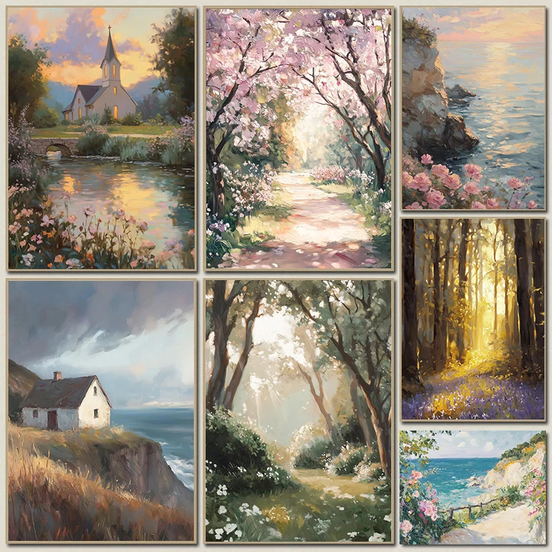 Ländliche Wald- und Wildblumenfelder Retro-Waldlandschaft Natürliche Landschaft Kunstposter Leinwanddruck Heim-Schlafzimmer Wanddekoration Gemälde