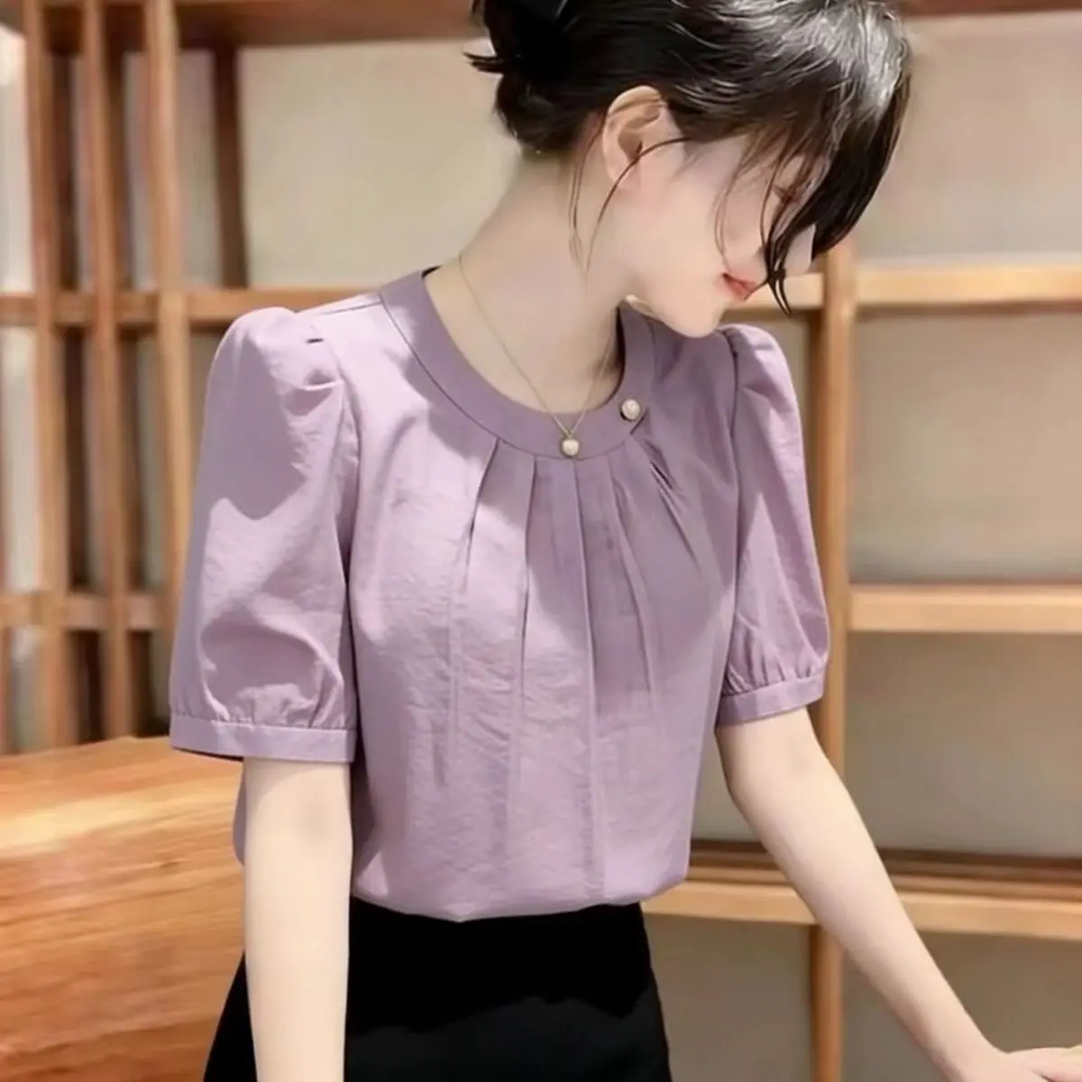 

Fashionable Bubble Sleeve Shirt Women's Summer New Style Small Shirt Versatile Short Sleeve Top Casual Loose Fit Polyester